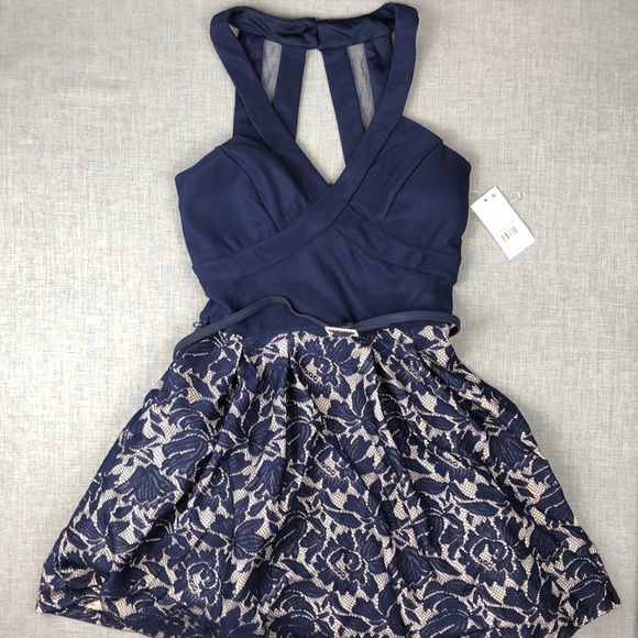 Crystal Doll Navy Lace Belted Flare Dress Sz 5 & 7 - Picture 2 of 6